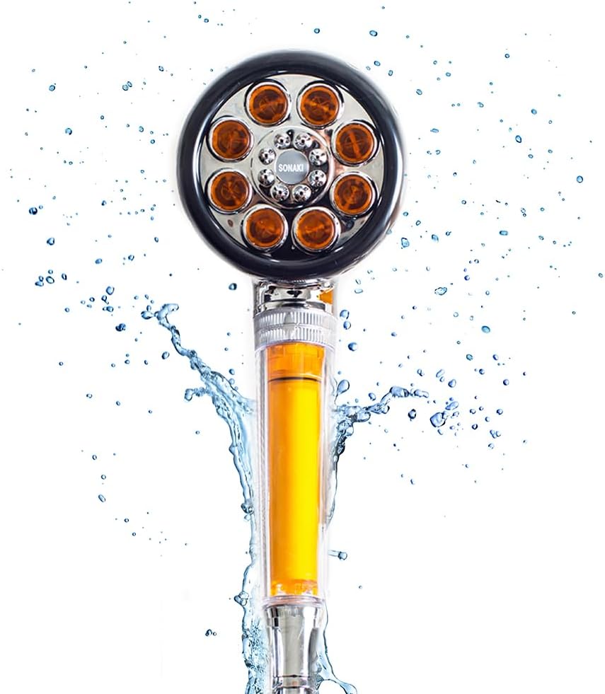 Vitamin C Handheld Lotus Shower Head With Water Filter By SONAKI - 2 Shower Filters Included - Removes Up To 99.9% Of Chlorine And Chloramines