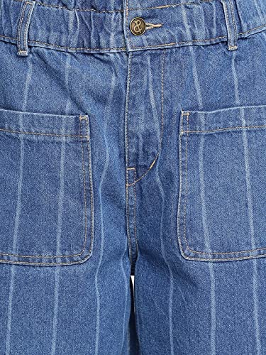 Image of Tales & Stories Women's Striped Blue Cotton Regular Fit Ankle Length Jeans-Y114411