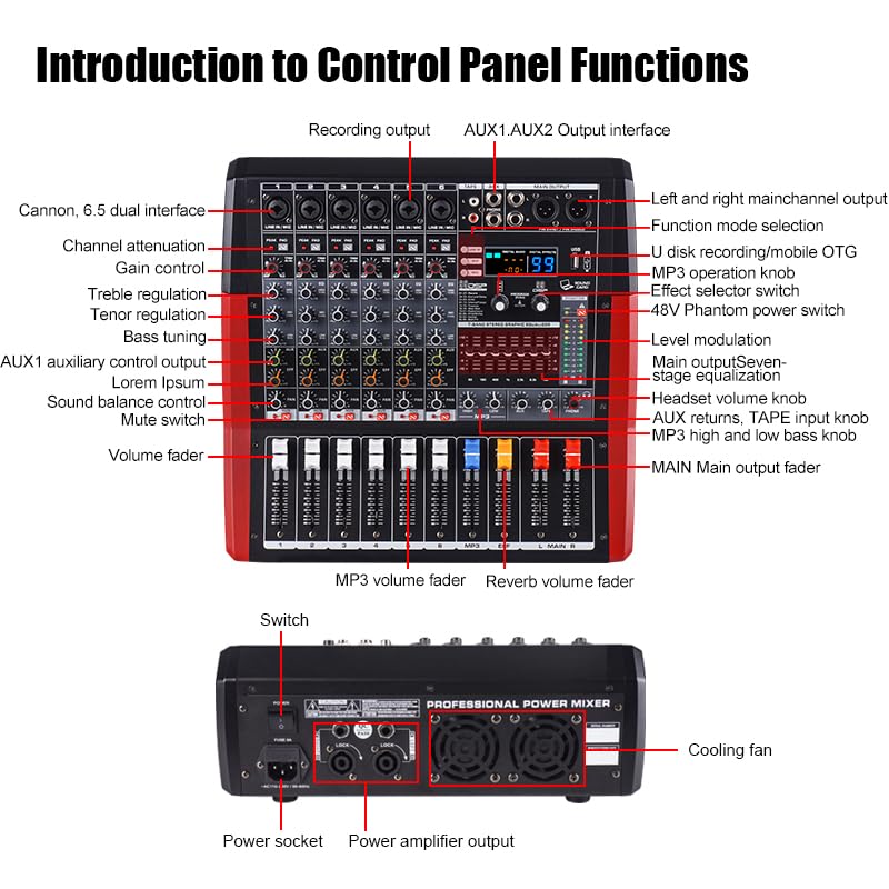 TF600 6-Channel Professional Mixer with Bluetooth Sound Bar with Power Amplifier 2 * 450W Power Output Powered Mixer, 7-Stage Equalizer, 99 DSP Effects, Recording Input USB Drive for Speakers