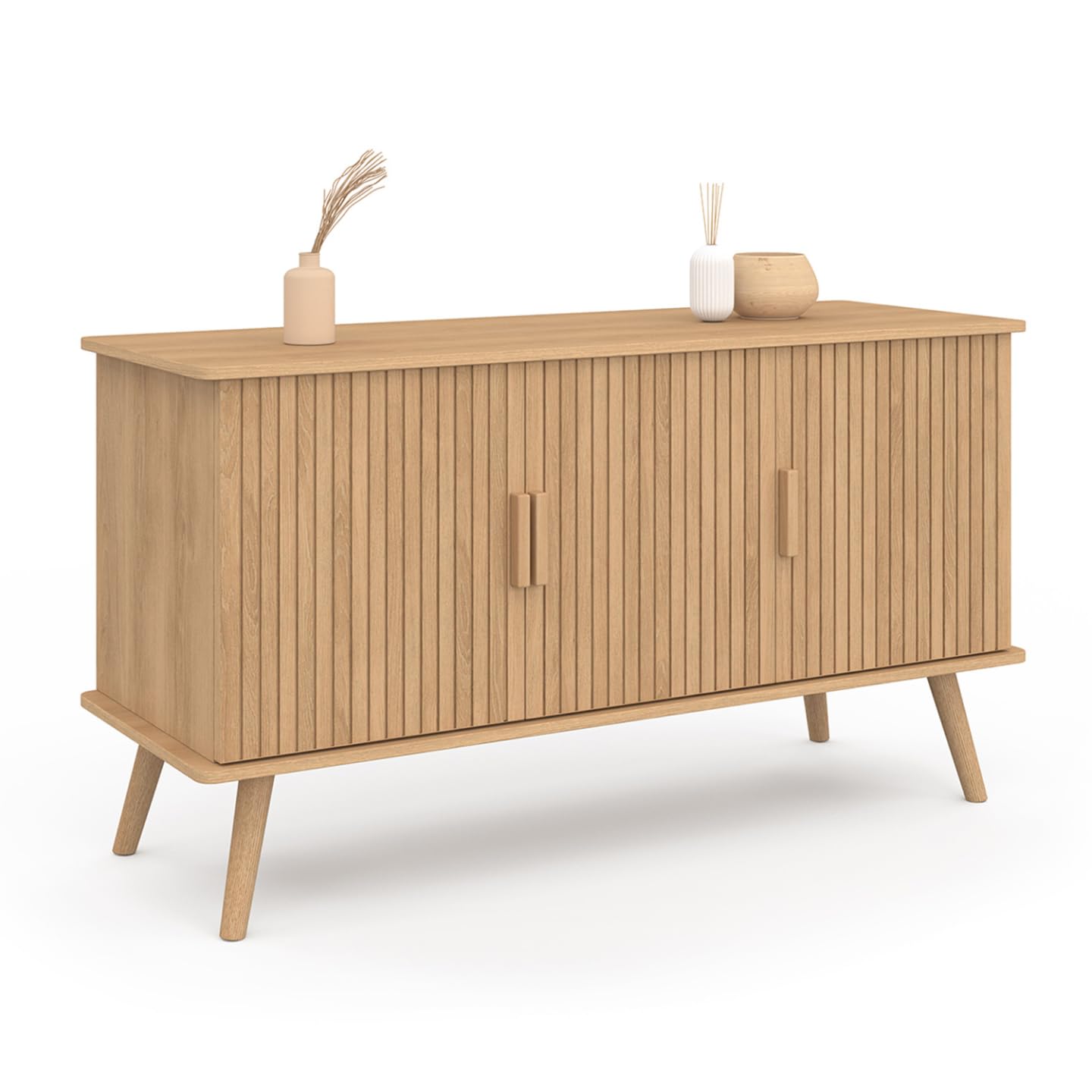 IDMarket - Aparador Juliette 110 cm 3 Puertas Listones de Madera Color Roble