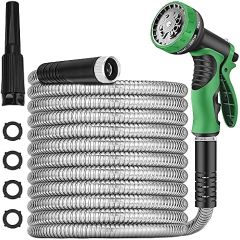 Stainless Steel Metal Garden Hose 50ft,Heavy Duty Water Hoses with 2 Sprayer Nozzles &3/4''Solid Fittings,Flexible,Lightweight,Kink Free&Tangle Free,Pet Proof,Puncture Proof pipe for Yard,Outdoor Cover