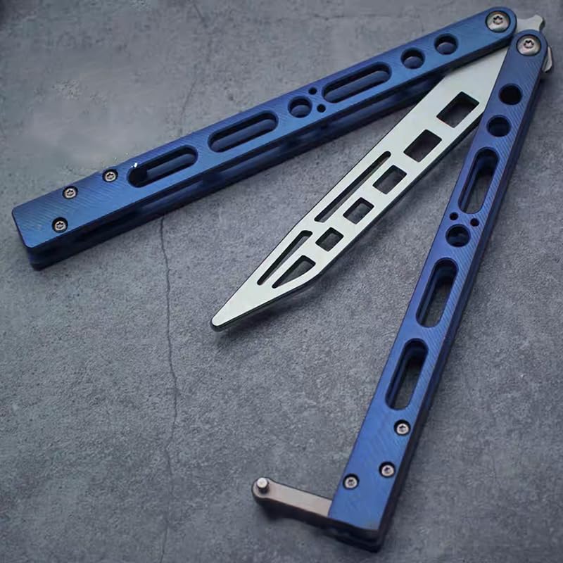 TheOne EX-10 Balisong Clone Trainer Titanium Sandwich Handle Zen Pins Bushing T Latch EDC Hand Tool (V2 Blue)