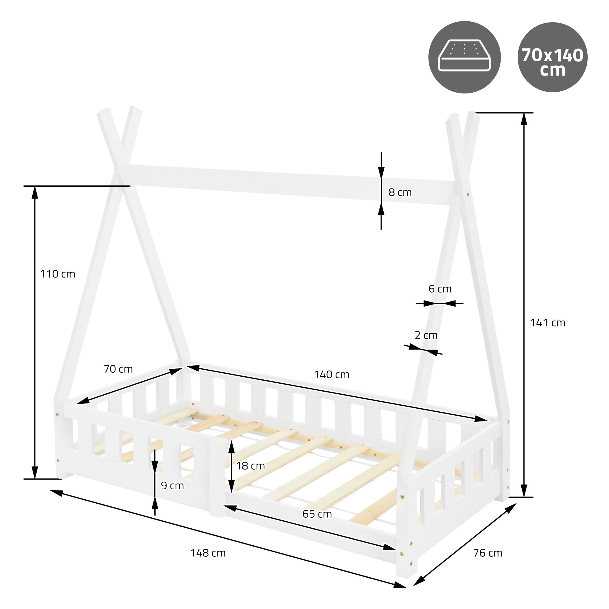 ML-Design lózko dzieciece tipi 70x140 cm biale z zabezpieczeniem przed wypadaniem i stelazem listwowym, wykonane z drewna sosnowego, lózko indianskie z litego drewna dla dziewczynek i chlopców