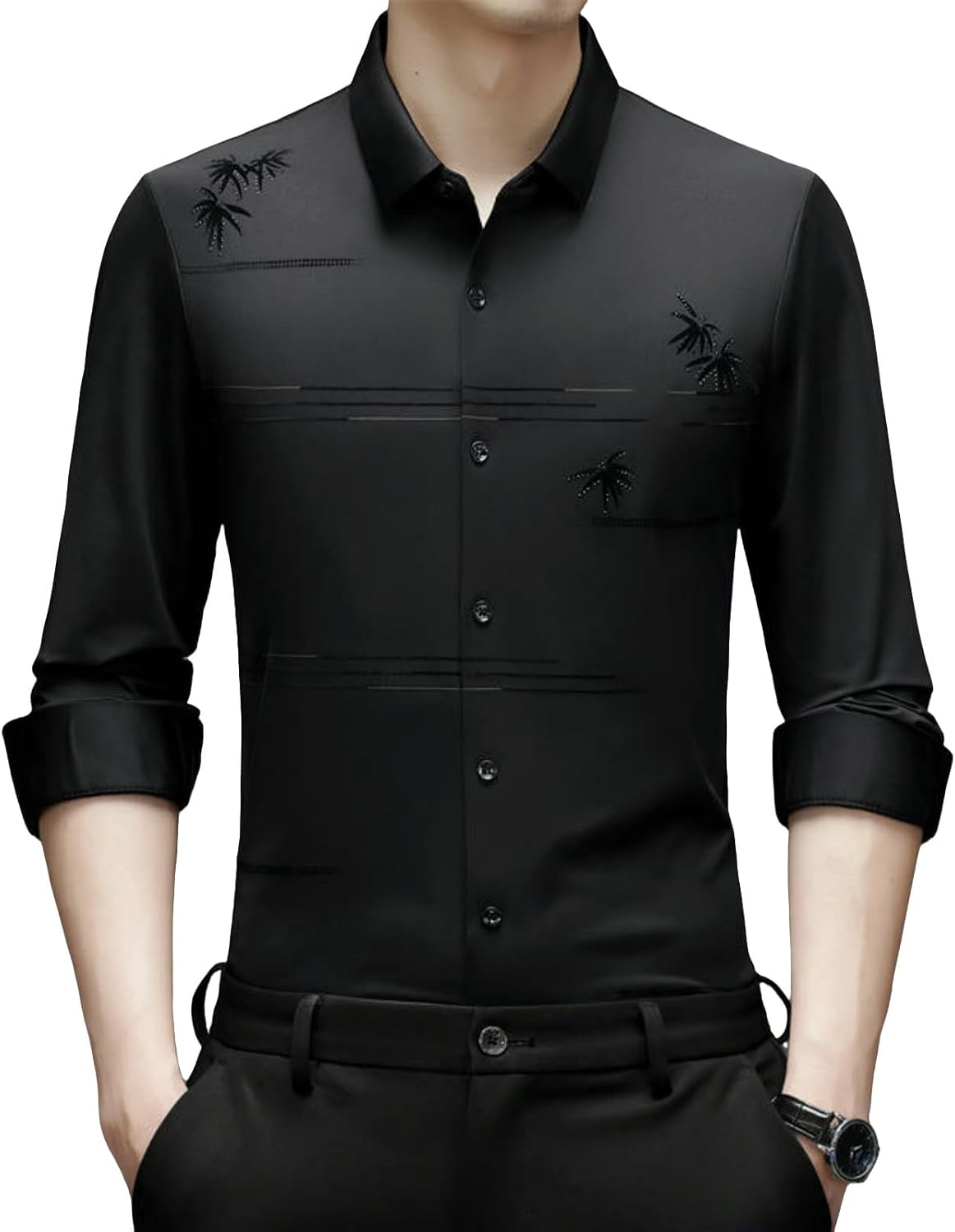 Men's Spring Lapel Seamless Wrinkle-Free Printed Casual Long Sleeve Shirt