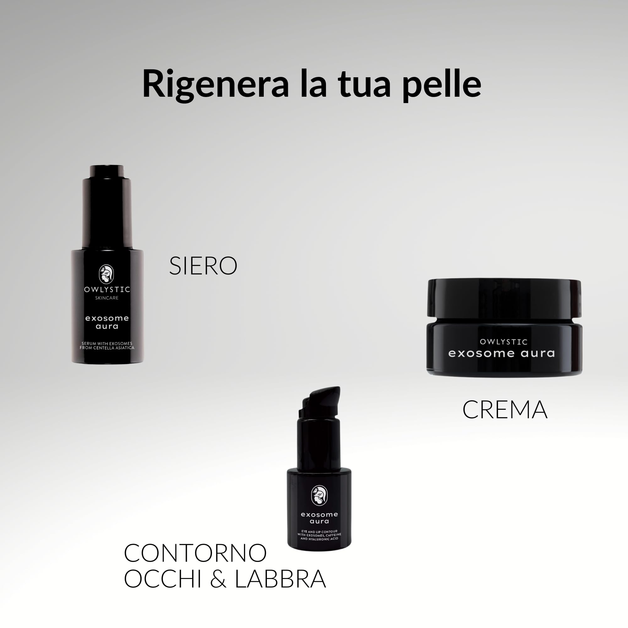 Owlystic Rituale Exosome Aura con Esosomi da Centella Asiatica, Siero + Contorno Occhi e Labbra + Crema, Trattamento Pro-Age Rigenerante, Acido Ialuronico, Tutti i Tipi di Pelle