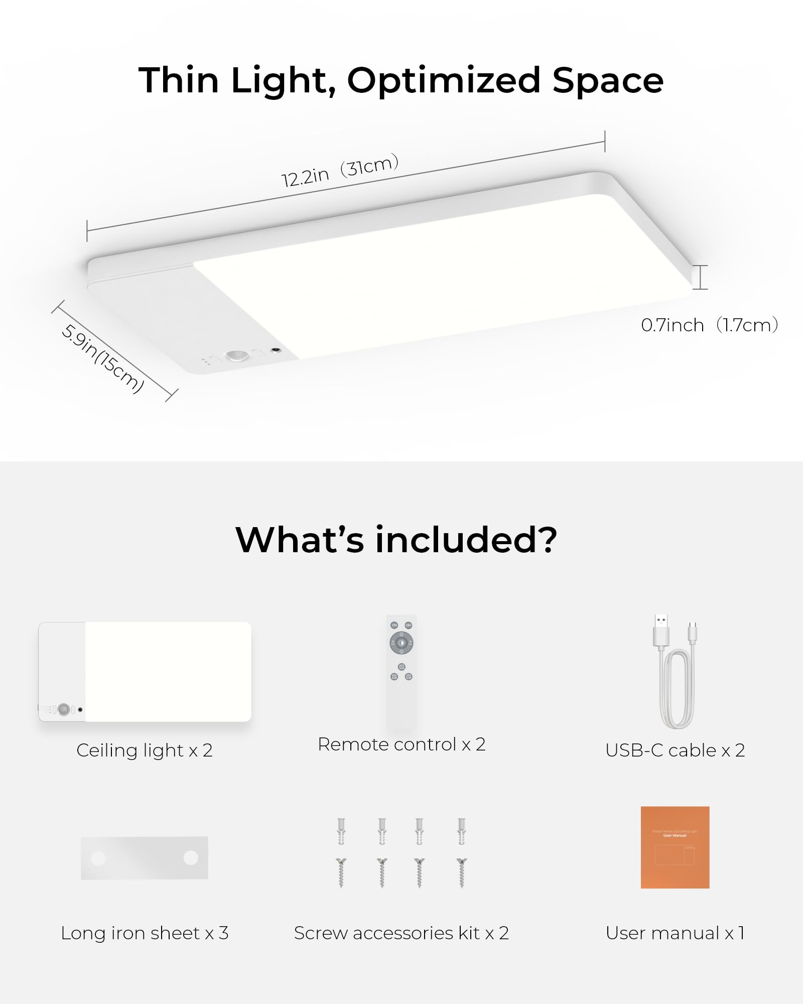 FULEN Lampada da soffitto ricaricabile con aggiornamento del rilevatore di movimento, luce per armadio con batteria da 12000 mAh, doccia a LED, bagno, cantina