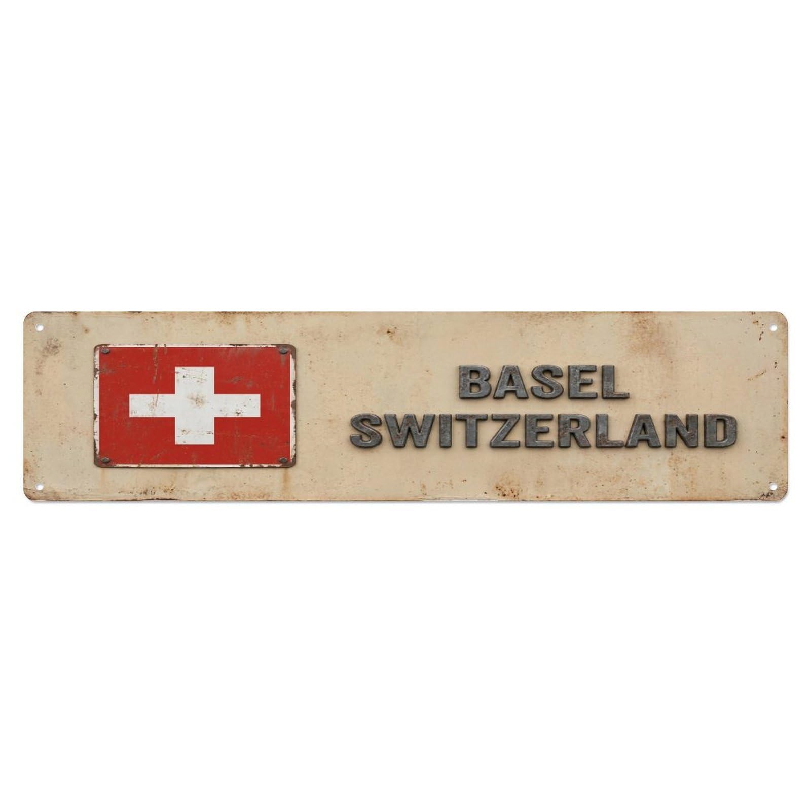 Metal Tin Sign Vintage Basel Switzerland Flag Decor Rustic Travel