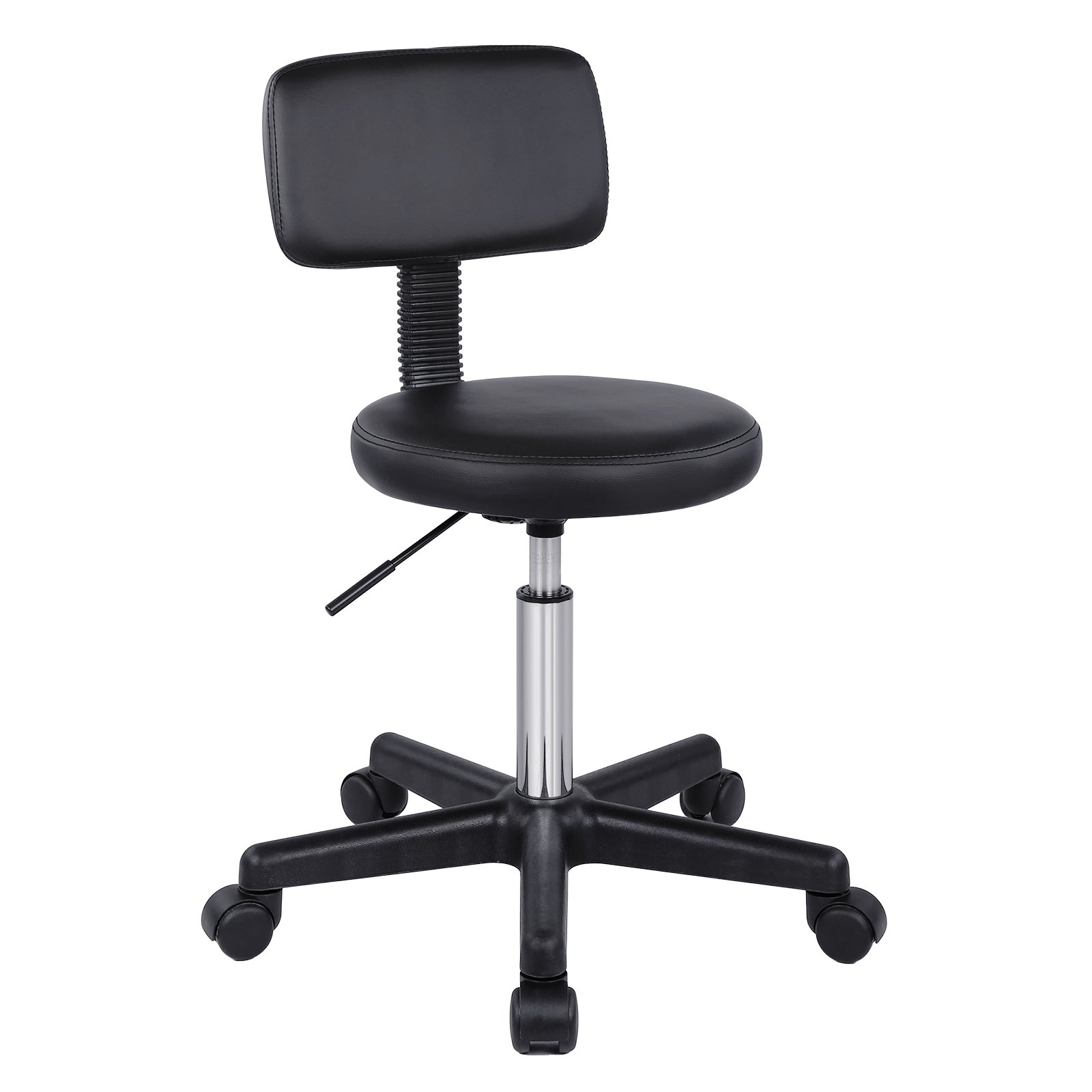 SONGMICS LJB82B - Sgabello da lavoro con ruote, in PU, con schienale regolabile in altezza continua, girevole a 360°, colore: Nero