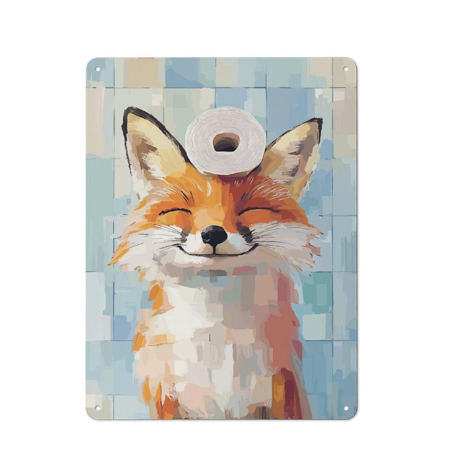 Tin Wall Sign with Smiling Fox with Toilet Paper Roll Design 40x30cm, Classic Kitchen Wall Decor for Restaurant, Kitchen, Counter Or Breakfast Nook