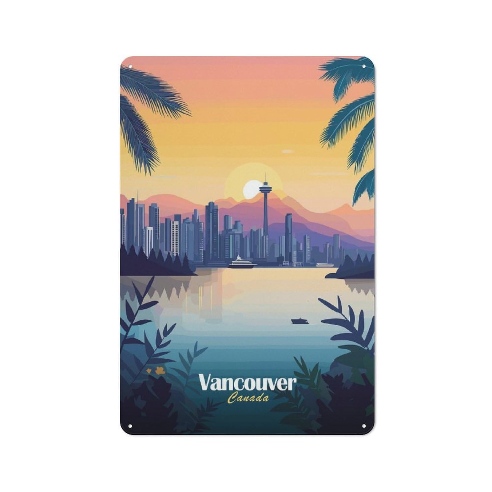 Vancouver Skyline Sunset Warehouse Style Metal Wall Decor 30x20cm, Tin Wall Sign for Modern Home, Workshop, Office Or Cafe
