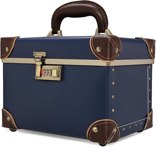 urecity Portable Retro Leather Makeup Train Case Cosmetic Organizer Case Leather Storage Box with Combination Lock (12.5", Retro Blue)