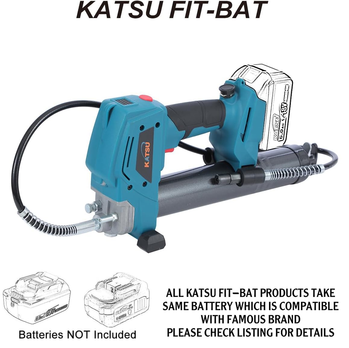 KATSU FIT-BAT bezprzewodowy pistolet do smaru 21V, ręczne narzędzie do smarowania do aplikacji smaru w pojazdach i maszynach, z plastikowym futerałem transportowym, bez baterii i ładowarki