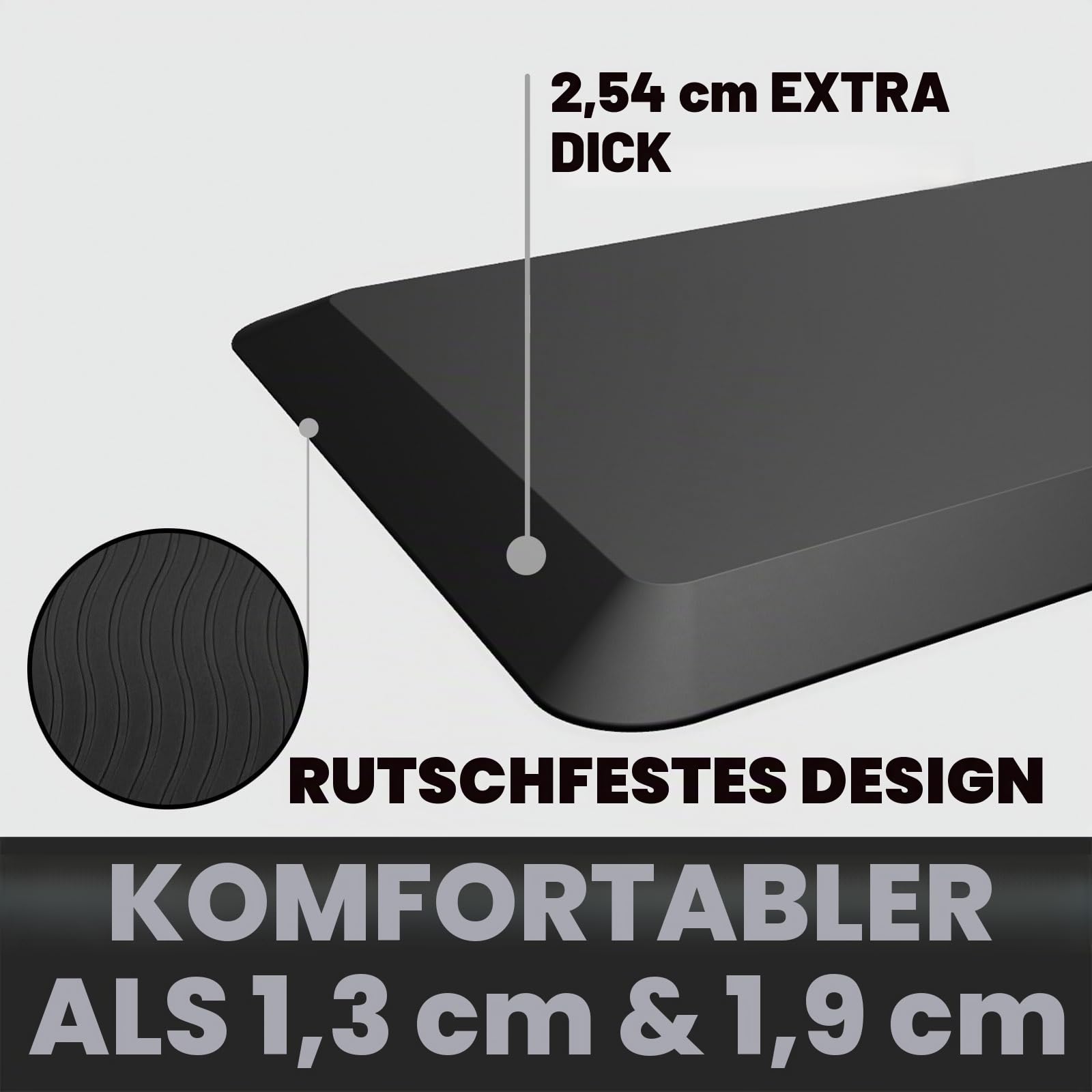 2,5 cm Extra Dicke Anti-Ermüdungsmatte (75 × 50 cm) – Komfort-Matte für Küche, Büro, Werkstatt oder vor dem Spülbecken – Ergonomisch & Gelenkschonend – Aus hochdichtem 140D PU-Schaum – Schwarz