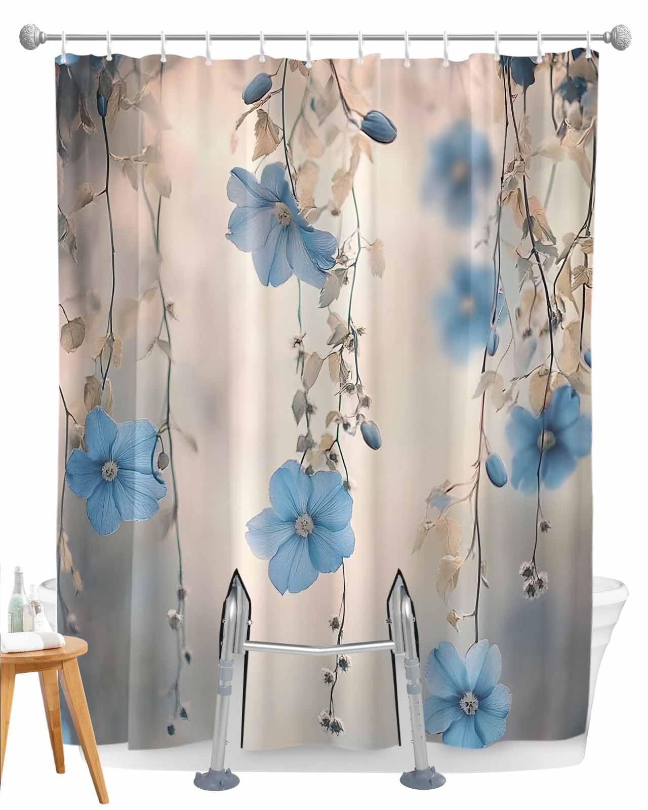 Huotupsine Blue Summer Floral Split Shower Curtain for Transfer Bench, Fabric Shower Curtain Set, Spring Flowers Botanical Farmhouse Bath Tub Curtain