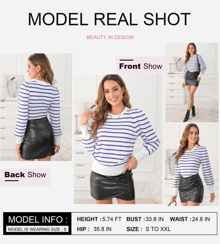 Image of Dokotoo Women's Striped Sweaters Puff Long Sleeve Crewneck Ribbed Knit Pullover Jumper Tops