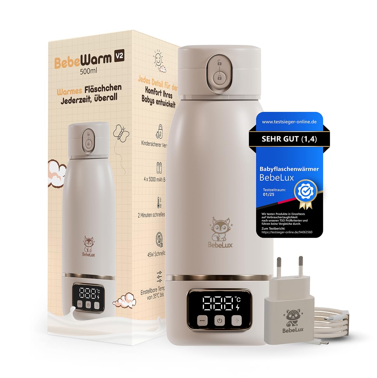 BEBELUX V2 Babyflaschenwärmer – In 2 Min perfekte Temperatur für bis zu 500 ml Milch, Muttermilch & Wasser |15 Flaschen pro Ladung | BPA-frei & Sterilisation bis 100 °C |35–100 °C einstellbar (Beige)