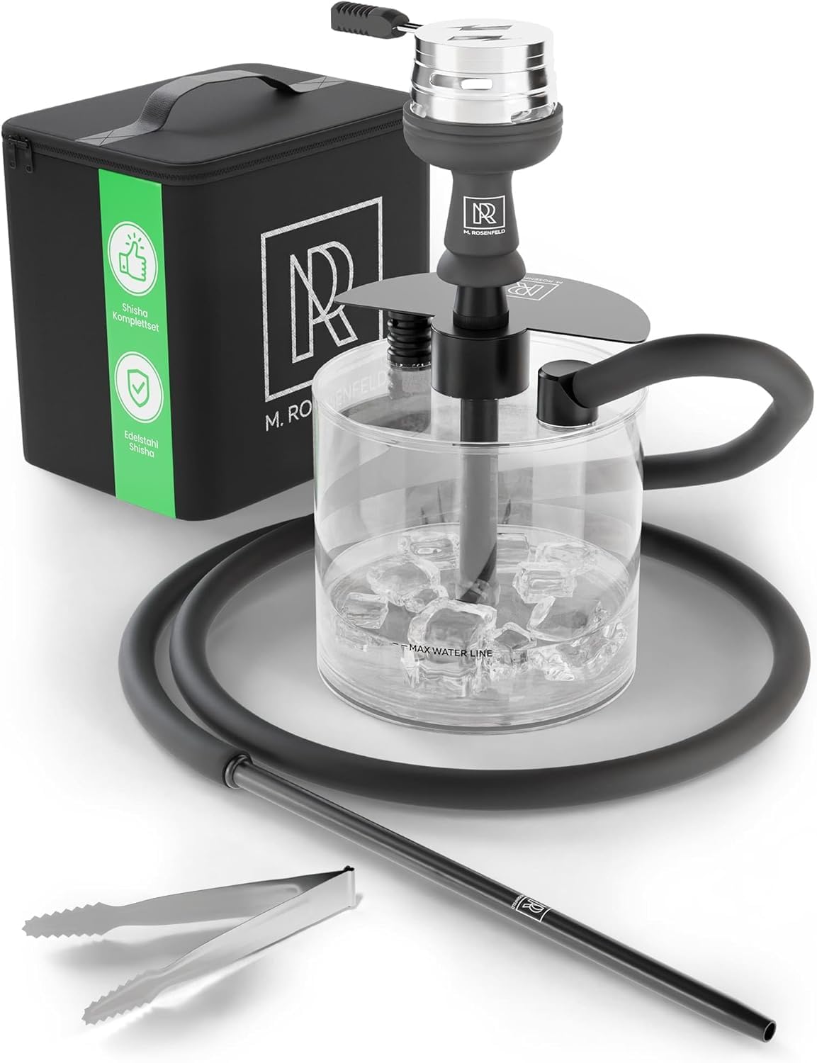 Mini Shisha To Go M. ROSENFELD con Bolsa y Accesorios Premium – Set Completo con Cabeza, Manguera, Boquilla, Difusor y Base Acrílica – Portátil y Lista para Usar (Negro sombra)