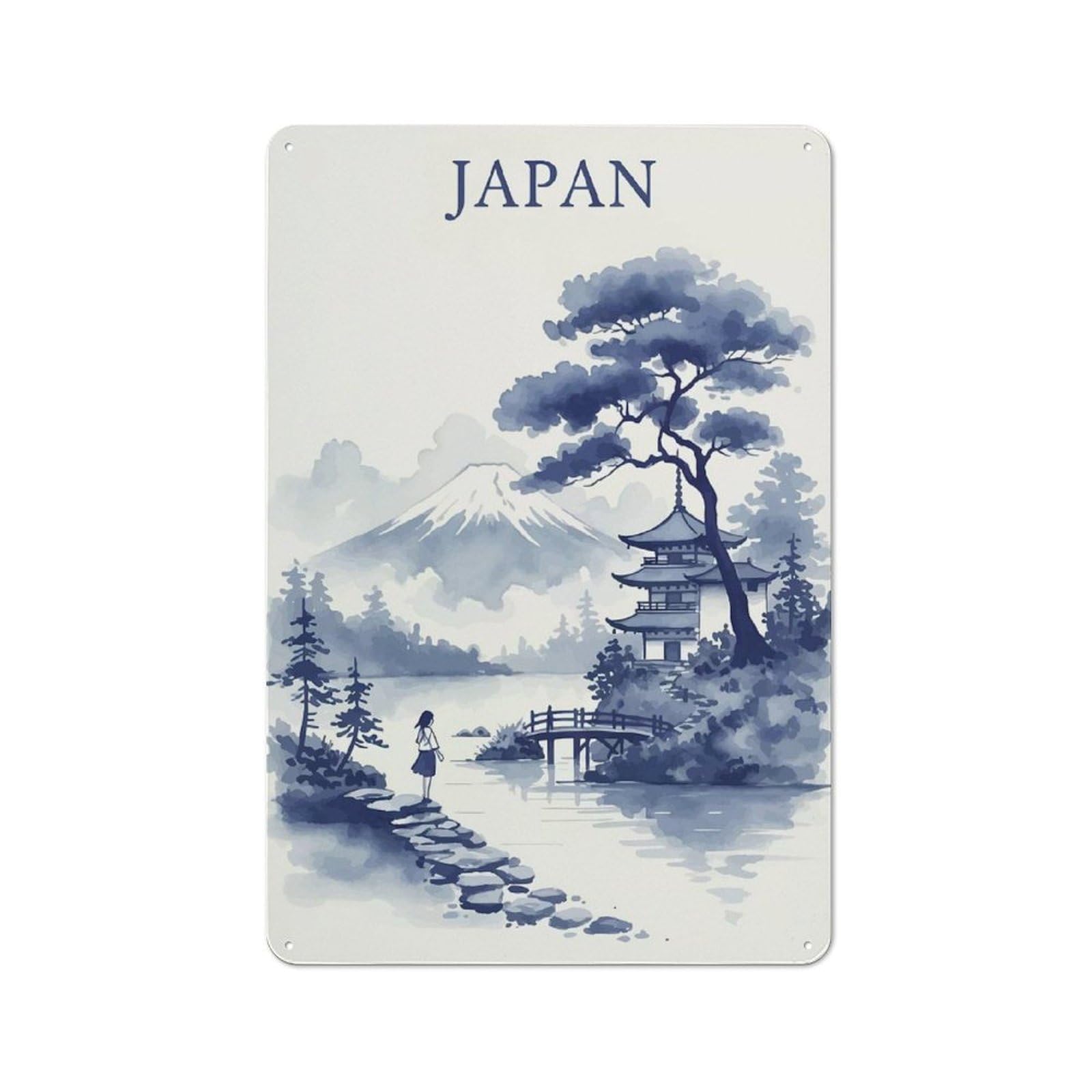 Junmoney Style-11 Vintage Tin Sign 30X20cm With Japanese Landscape With Pagoda And Mount Fuji For Man Cave Or Games Room, For Winter Room Styling In Man Cave And Games Room
