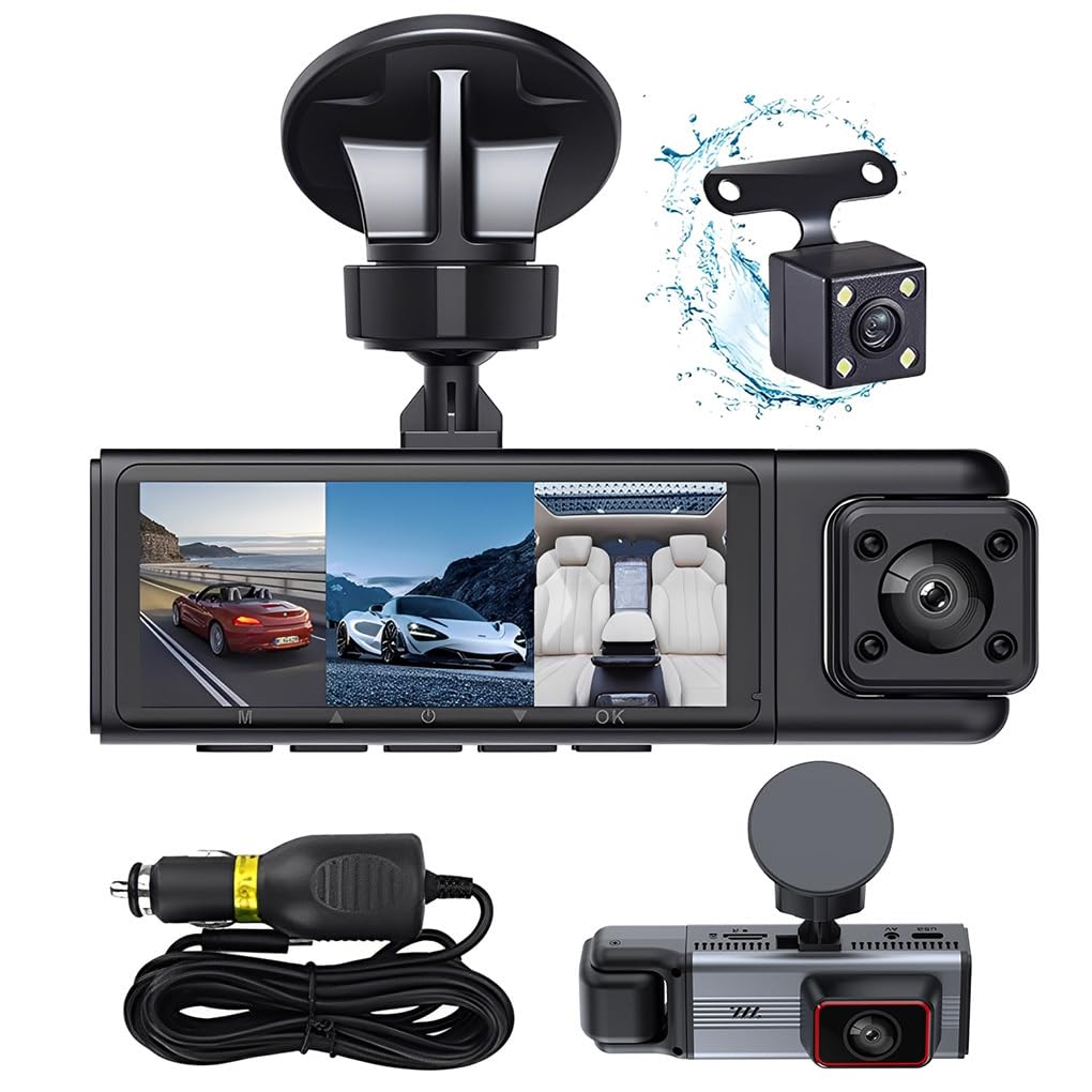 Telecamera da cruscotto tripla 1080P ottimizzata per auto, include | monitoraggio anteriore, posteriore e abitacolo, registrazione HD, schermo diviso, visualizzazione simultanea, telecamera