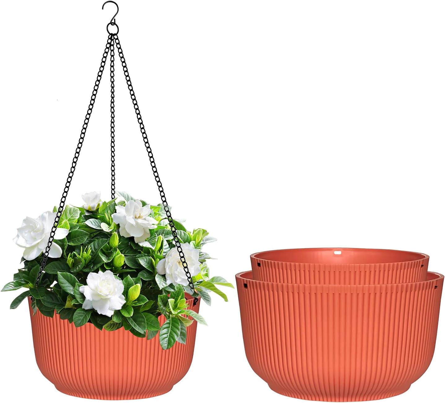 RooTrimmer Hanging Planters 9/10/11 Inch for Indoor Plants, 3 Pack Plant Hanger Outdoor with Drainage Holes, Self Watering Hanging Basket Flower Pot for Garden Home Decor, Light Coral