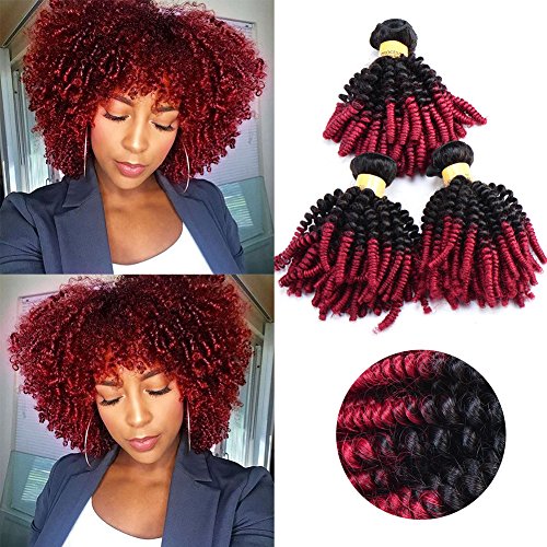 Top Quality Brazilian Hair Ombre Hair Extensions Human Hair Weft 7A Unprocessed Virgin Human Hair Kinky Curly Weave Weaves T1B/Burgundy Red Human Hair Bundles 10 10 12inch