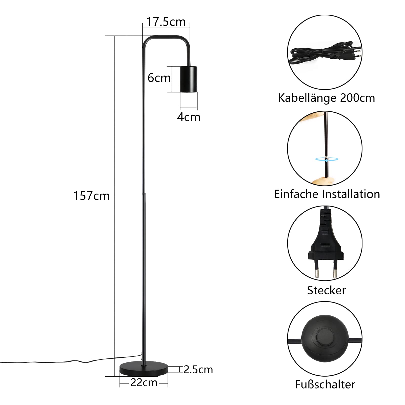 CBJKTX Lampa podłogowa Vintage do salonu - Czarna lampa podłogowa z | włącznikiem nożnym, metalowy design przemysłowy, lampa do salonu, sypialni, biura.