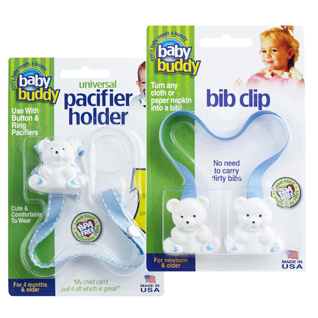 Amazon.com : Baby Buddy Bundle Universal Pacifier Holder Clip Blue-White  Stitches & Bib Clip Keep Paci Near, Clean, Instant Bib, Blue : Baby