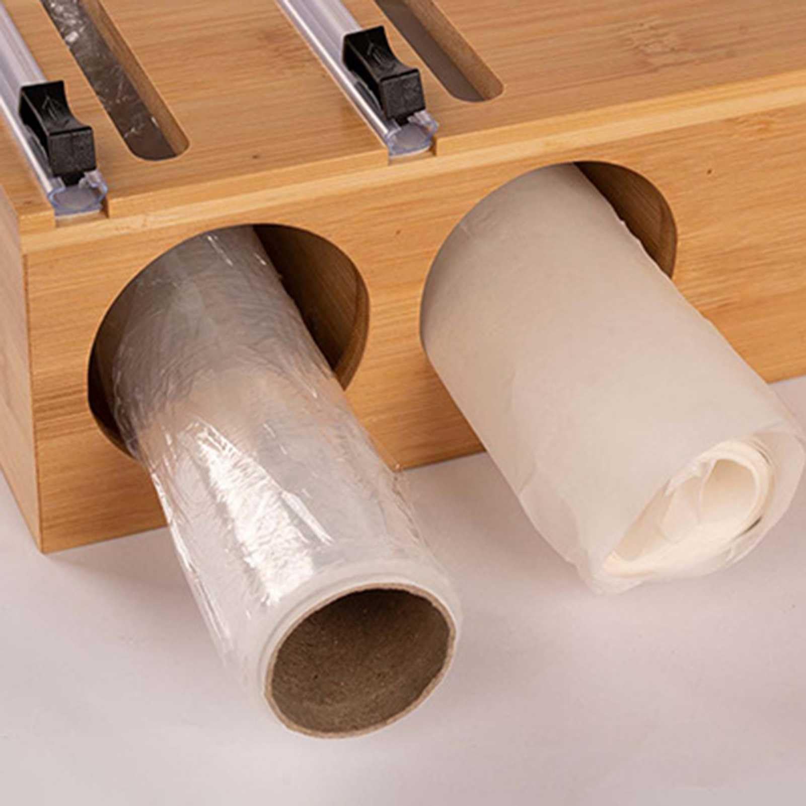 Dispensador de papel de aluminio y film transparente 6 en 1 para montar en la pared, organizador de bolsas de almacenamiento para cajones de cocina, soporte de almacenamiento de alimentos de bambú par
