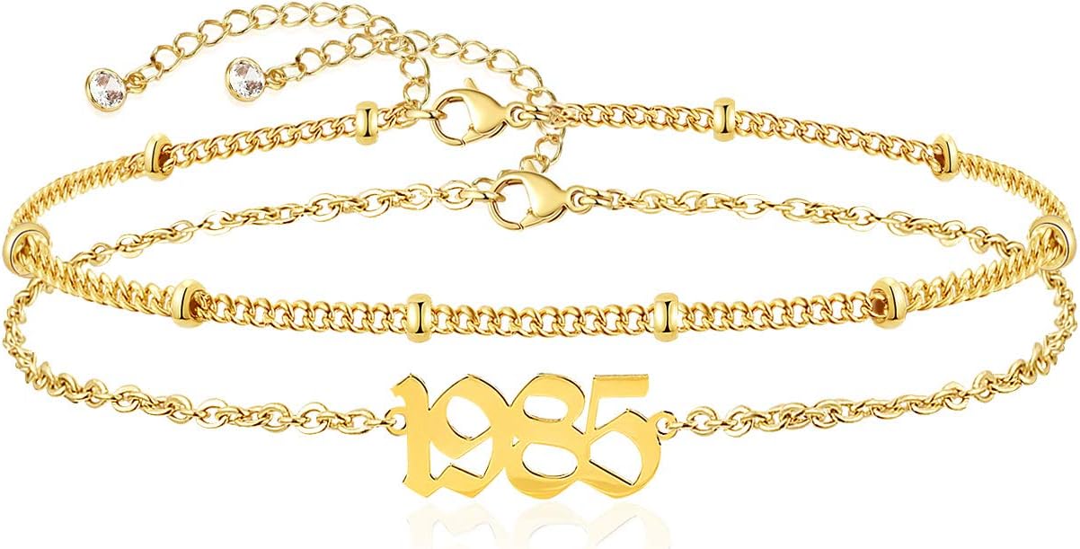Birth Year Ankle Bracelets for Women,Dainty Layered Chain 14K Gold Plated Year Anklets for Women Teen Girls,Summer Beach Foot Jewelry