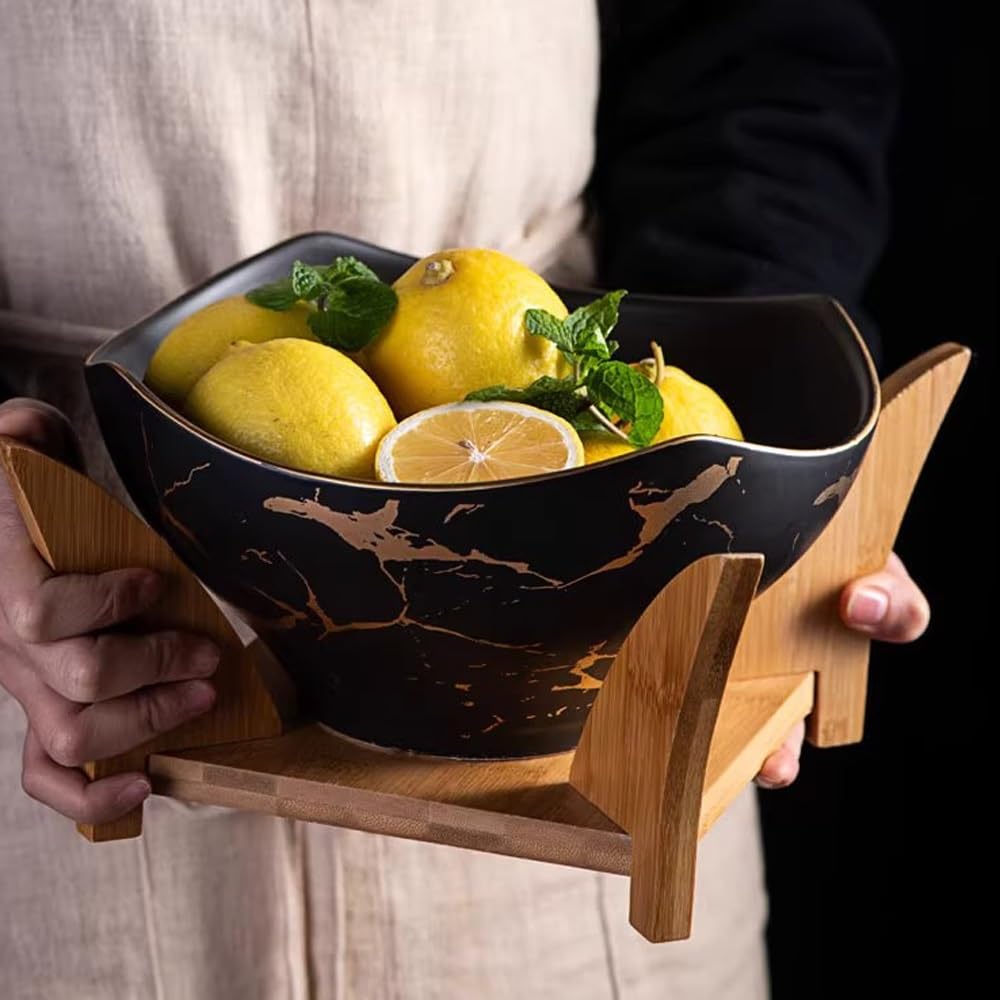Miski do sałatek, duża salaterka z drewnianym stojakiem i przyborami do serwowania, ceramiczna miska do serwowania owoców, ciast, makaronów, deserów, łatwa do czyszczenia, biała