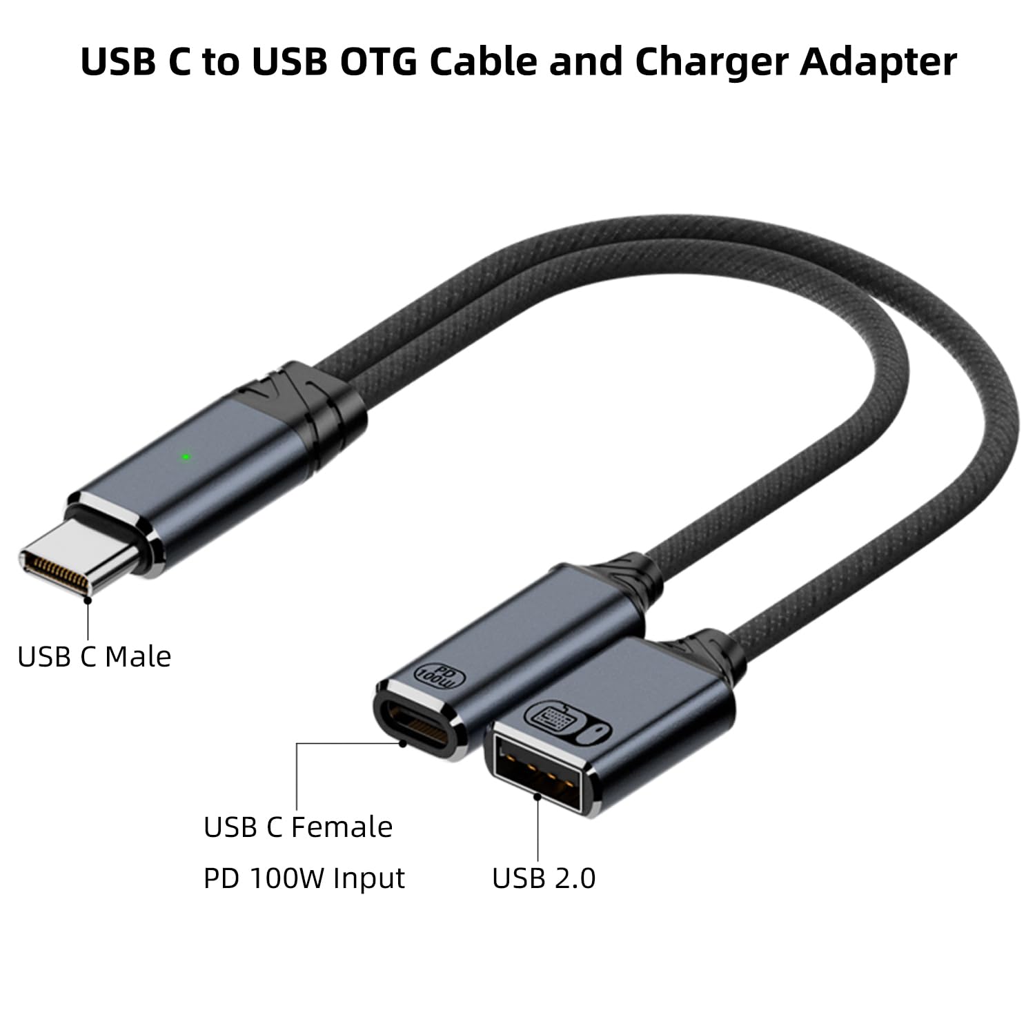 Jadebones Kabel USB C na USB OTG i adapter ładowarki, rozdzielacz USB-C 2 w 1 z szybkim ładowaniem 100 W do iPhone'a serii 16/15, iPada, MacBooka, Galaxy S24/S23 i innych