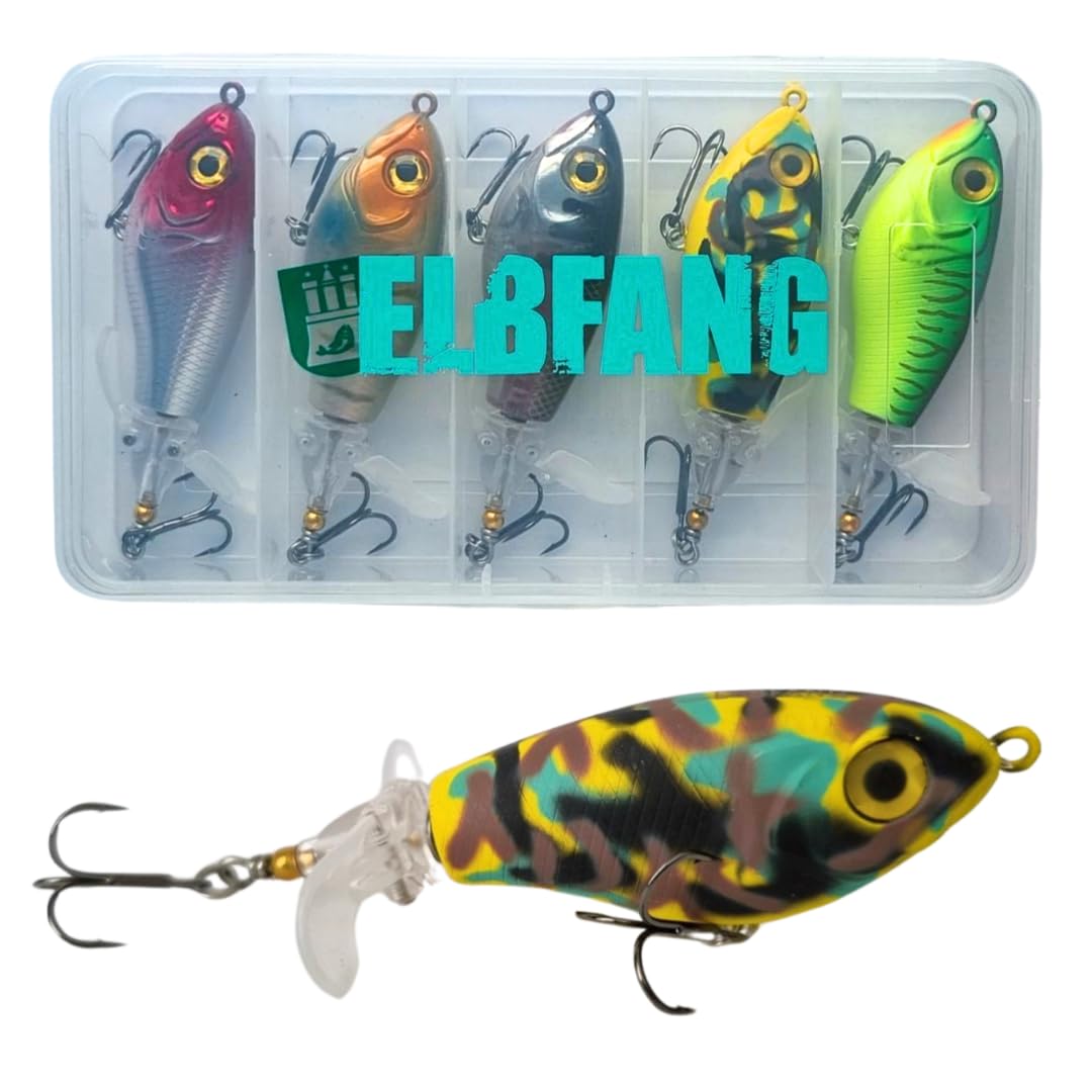 Topwater Señuelos de pesca | 8 cm – 16 gramos | 5 unidades con caja de cebo | Juego de cebos artificiales para pesca de lucio y bagre