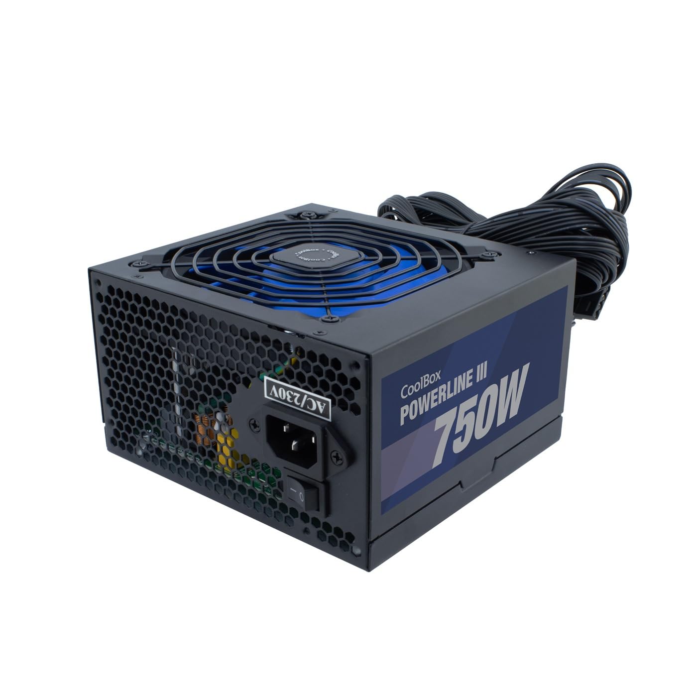 CoolBox Powerline3 750, Fuente de Alimentación PC 750W, ATX, 85% Eficiencia, Ventilador Ultra-silencioso 12cm, Tecnologías SMD y DC-DC, Filtro emi, Cables Planos Largos, Negro
