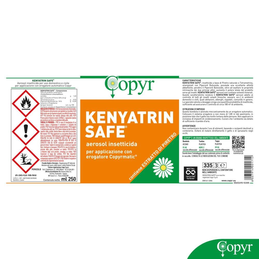 Copyr Kenyatrin Safe e Copyrmatic Evolution Night & Day - Insetticida Antizanzare, Mosche e Insetti Volanti, 6 Bombole 250ml + Erogatore Automatico, Piretro Insetticida Biologico e Repellente Zanzare