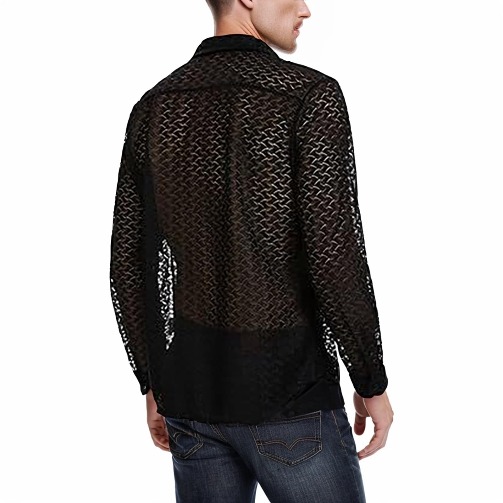 Chemise en maille transparente à fleurs pour homme - Chemise en maille filet sexy boutonnée - Chemise à manches longues - Chemise en maille - Clubwear - Lingerie sexy pour homme