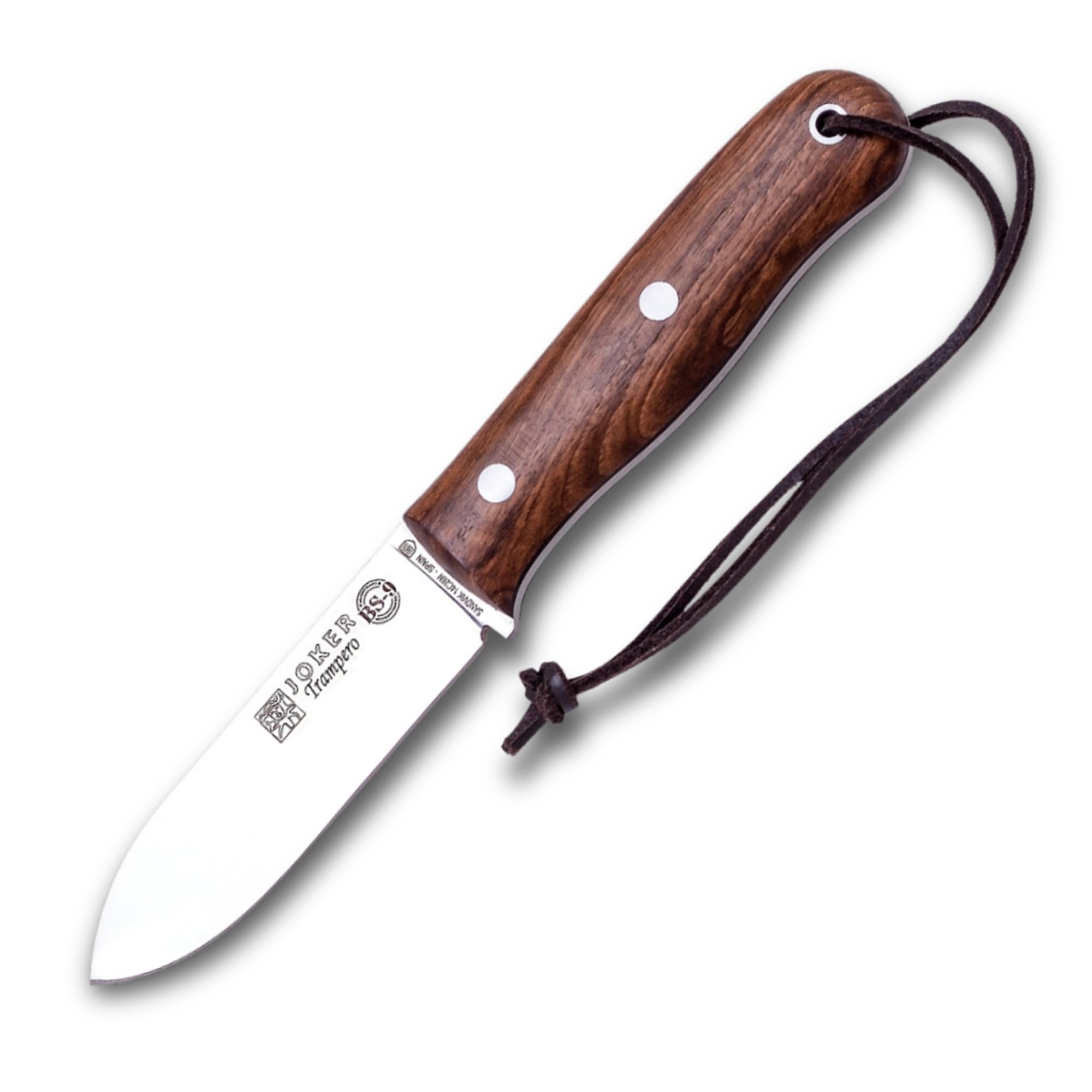 Joker Jagdmesser CN113 Trampero, Gürtelmesser mit Griff aus Nussbaumholz, braune Lederscheide, 10 cm Klinge aus Sandvik-Stahl 14c28n, Werkzeug zum Angeln, Jagen, Camping und Wandern