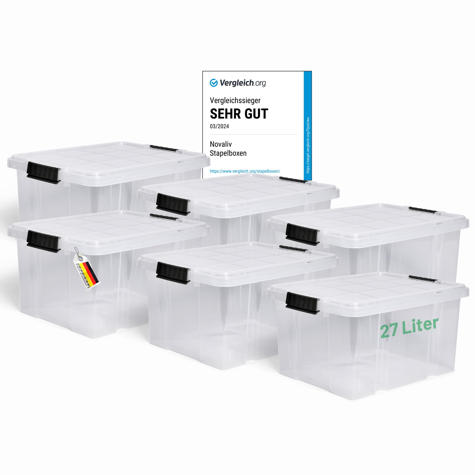 Novaliv 6x Aufbewahrungsboxen mit Deckel 27L transparente Nestbar stapelbare Storage boxes mit Clipverschluss Kunststoffbox BPA-frei 46,5x36,5x24 cm