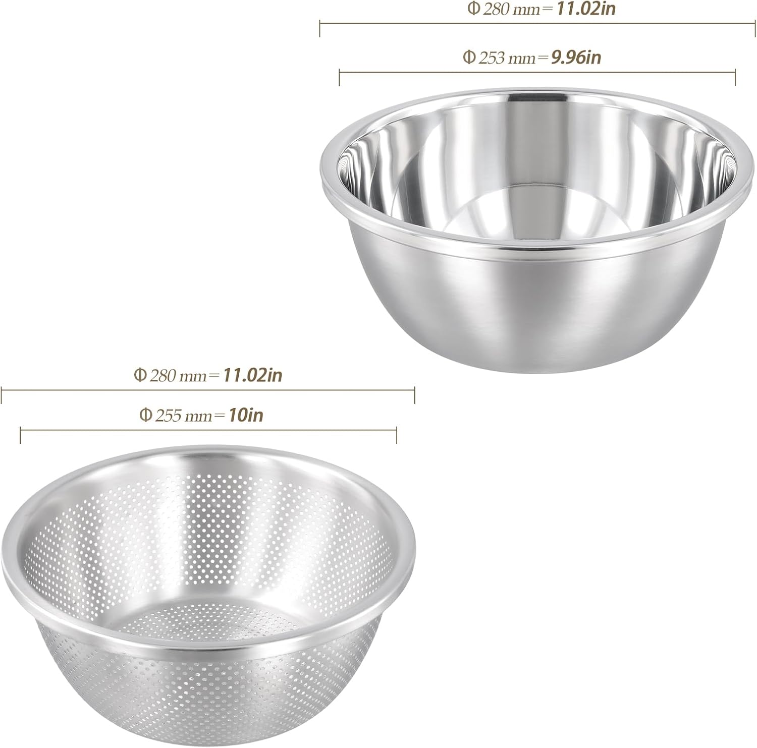 4 PCS 5QT Stainless Steel Colander Set with Mixing Bowls, Multi-Use Kitchen Strainer for Washing Vegetables Fruits Rice, Dishwasher Safe