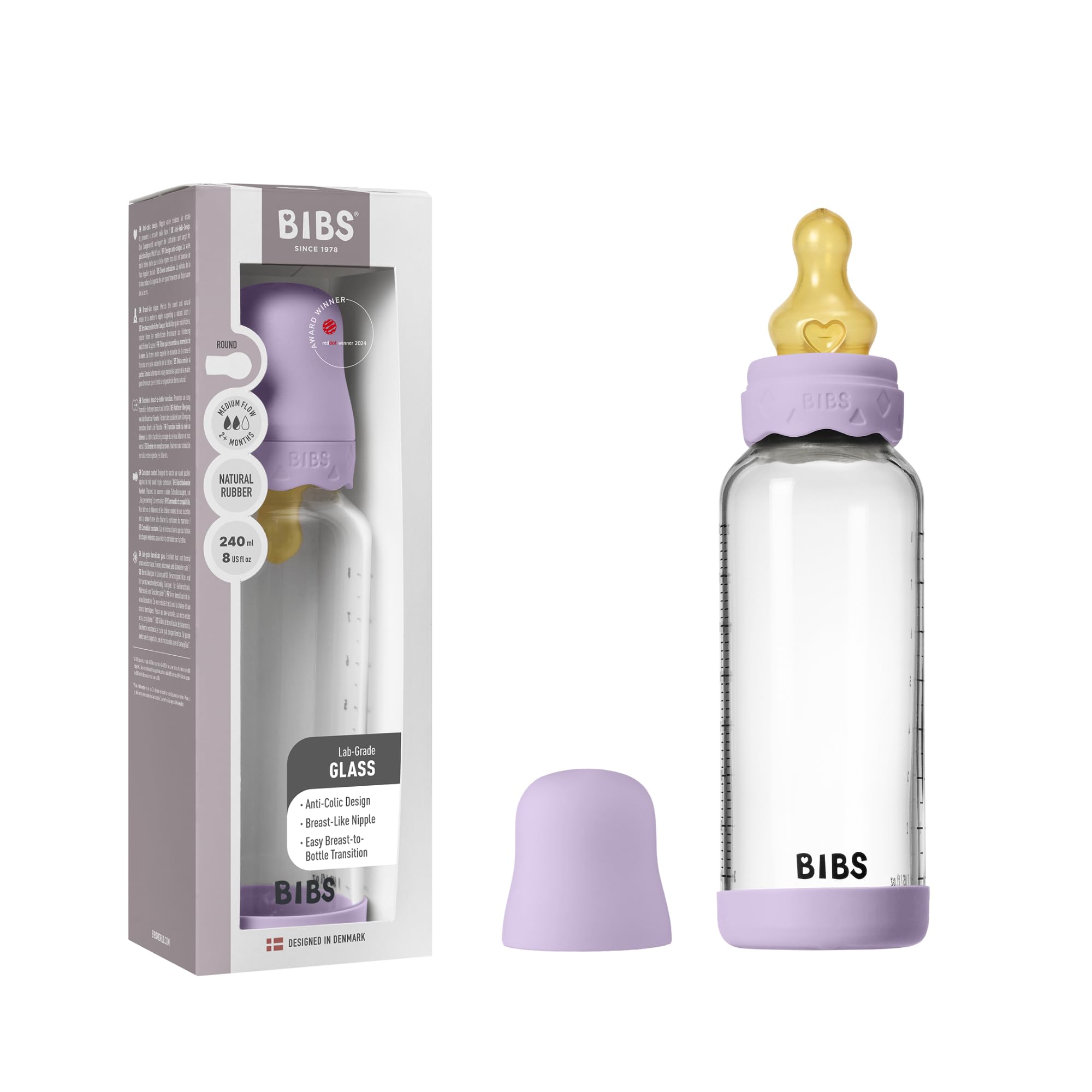 BIBS Boheme Baby Glass Bottle. Anti-colique. Embout rond en latex de caoutchouc naturel. Favorise l’allaitement naturel - Violet Sky