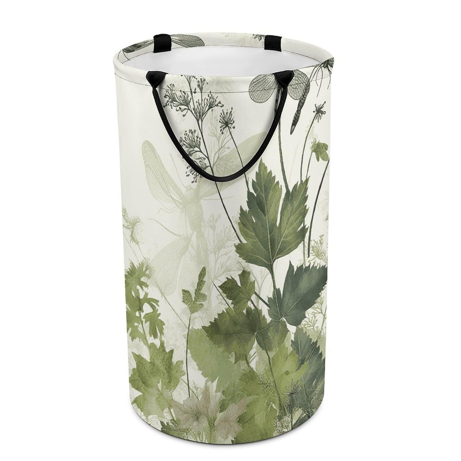 Foliage And Herbs with Dragonflies Winged Laundry Basket Freestanding Laundry Hamper with Handles Waterproof Dirty Clothes Hamper Collapsible Washing Bin Aesthetic Clothes Basket for Bathroom Bedroom