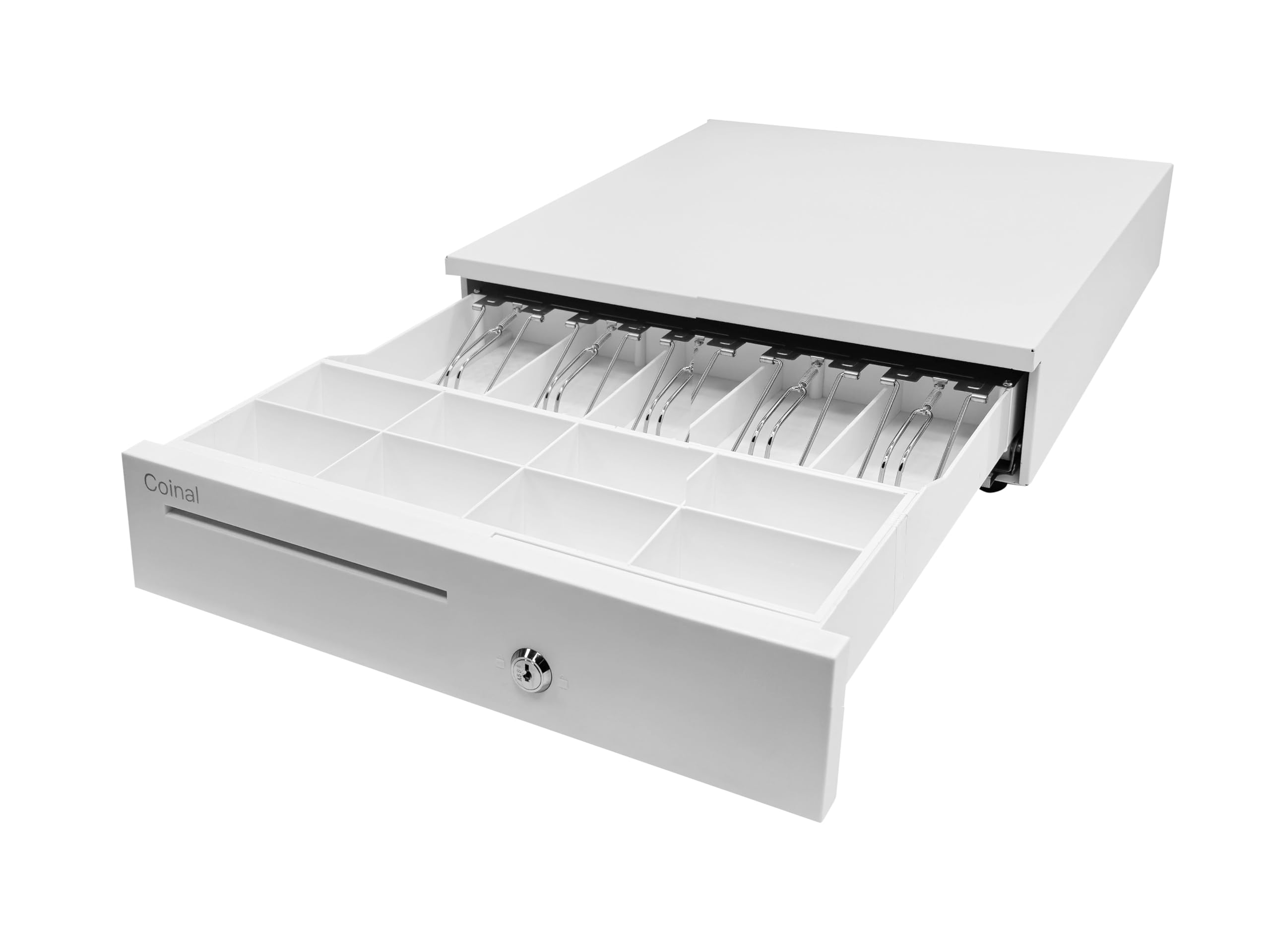 Cassetto per contanti con cavo RJ-12, bianco, tensione universale 12 V, 5 scomparti per banconote, 8 scomparti per monete, peso netto 5 kg, include 6 chiavi e 2 cavi RJ-12