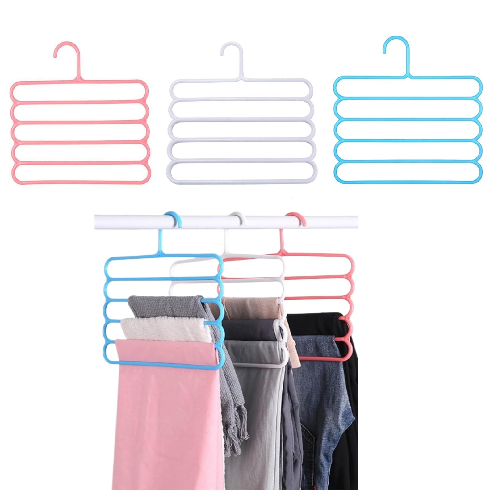 9 Pack Pants Hangers for Closet,Pants Rack 5 Layers Multifunctional Hangers for Trousers Scarves Leggings Towels (Blue, Pink, Beige)