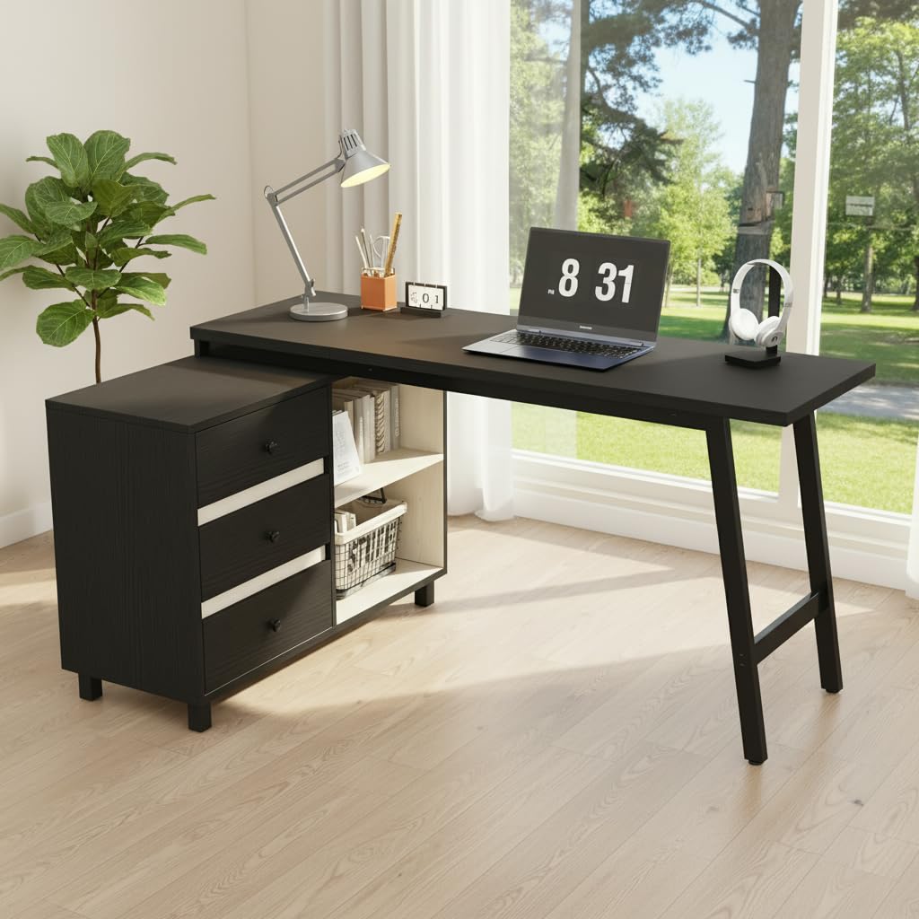 Merax Bureau d’Angle 150 x 100 cm avec 3 Tiroirs et Étagères Ouvertes, Grand Bureau Informatique en L avec Structure Métal, Table de Bureau Moderne pour Télétravail, Étude et Gaming, Noir et Blanc