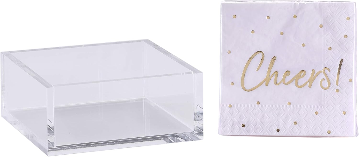 Premium Acrylic Cocktail Napkin Holder - Elegant Napkin Holder with Bonus 20 Gold Embossed 'Cheers' Napkins Included- 5x5 Inches