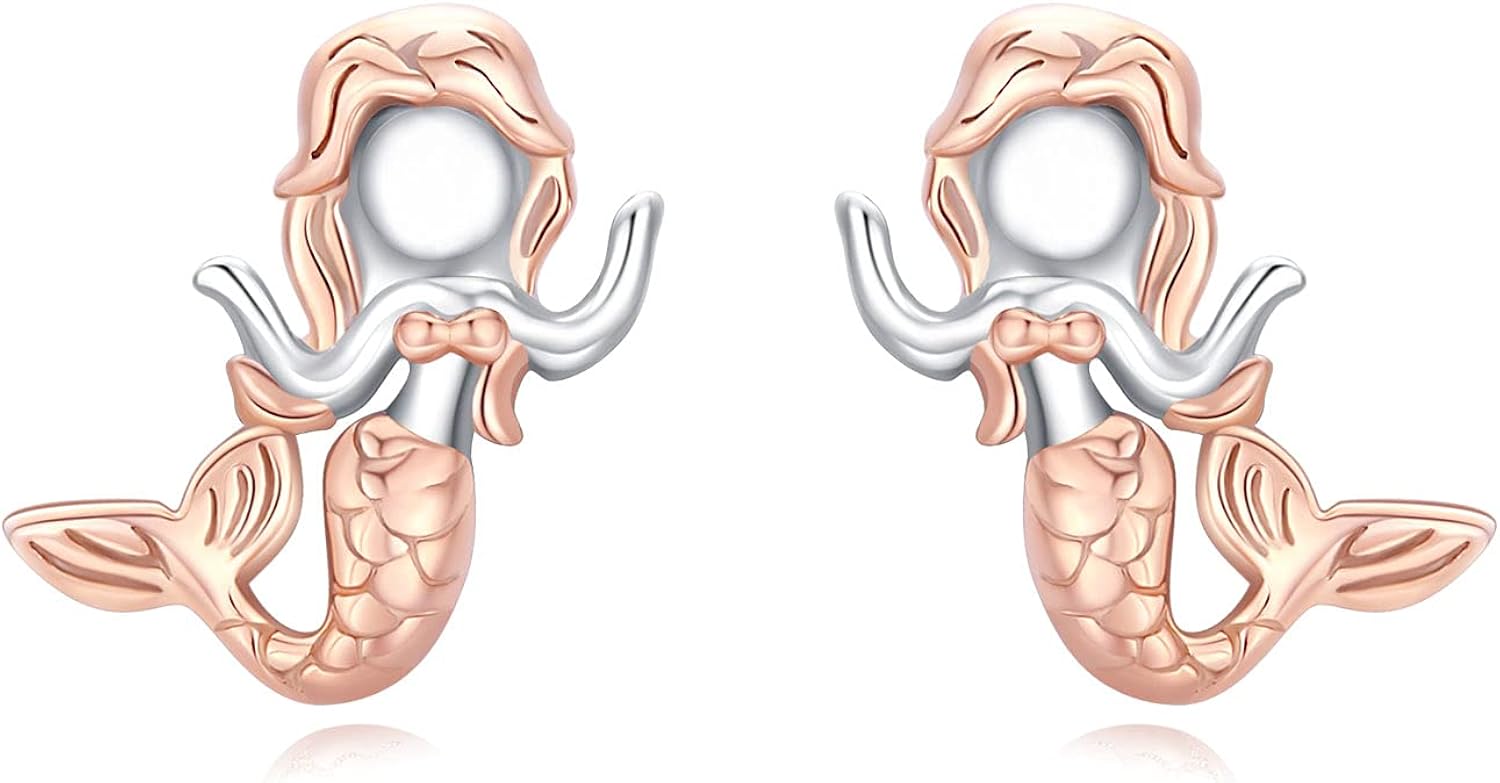 Pendientes de sirena de oro rosa, de plata de ley 925, hipoalergénicos, lindos pendientes de sirena para orejas sensibles, regalo de cumpleaños para