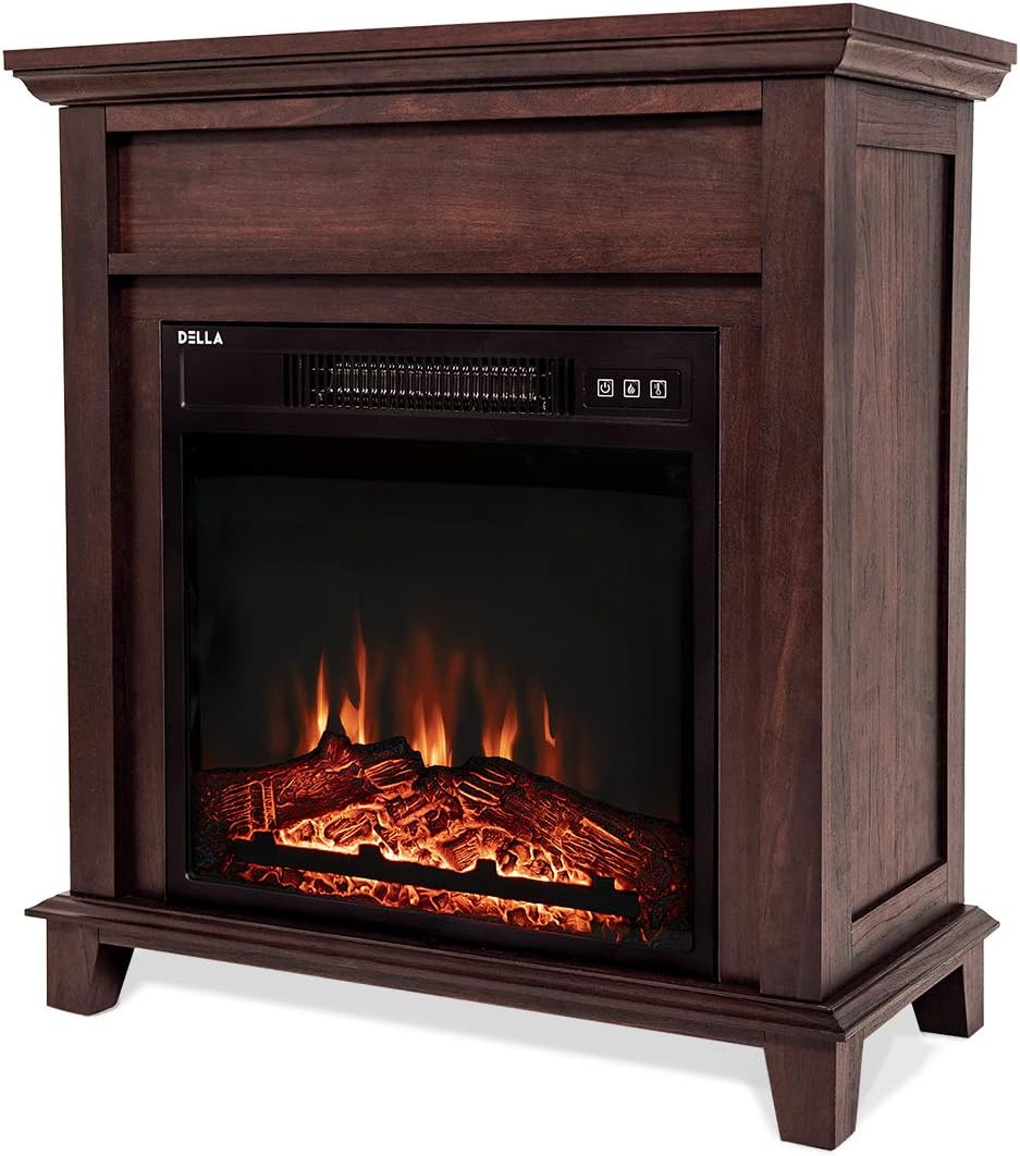 DELLA 18" Freestanding Insert Brown Wooden Push Button Control Electric Fireplace Stove Heater w/Log Bed, Wood