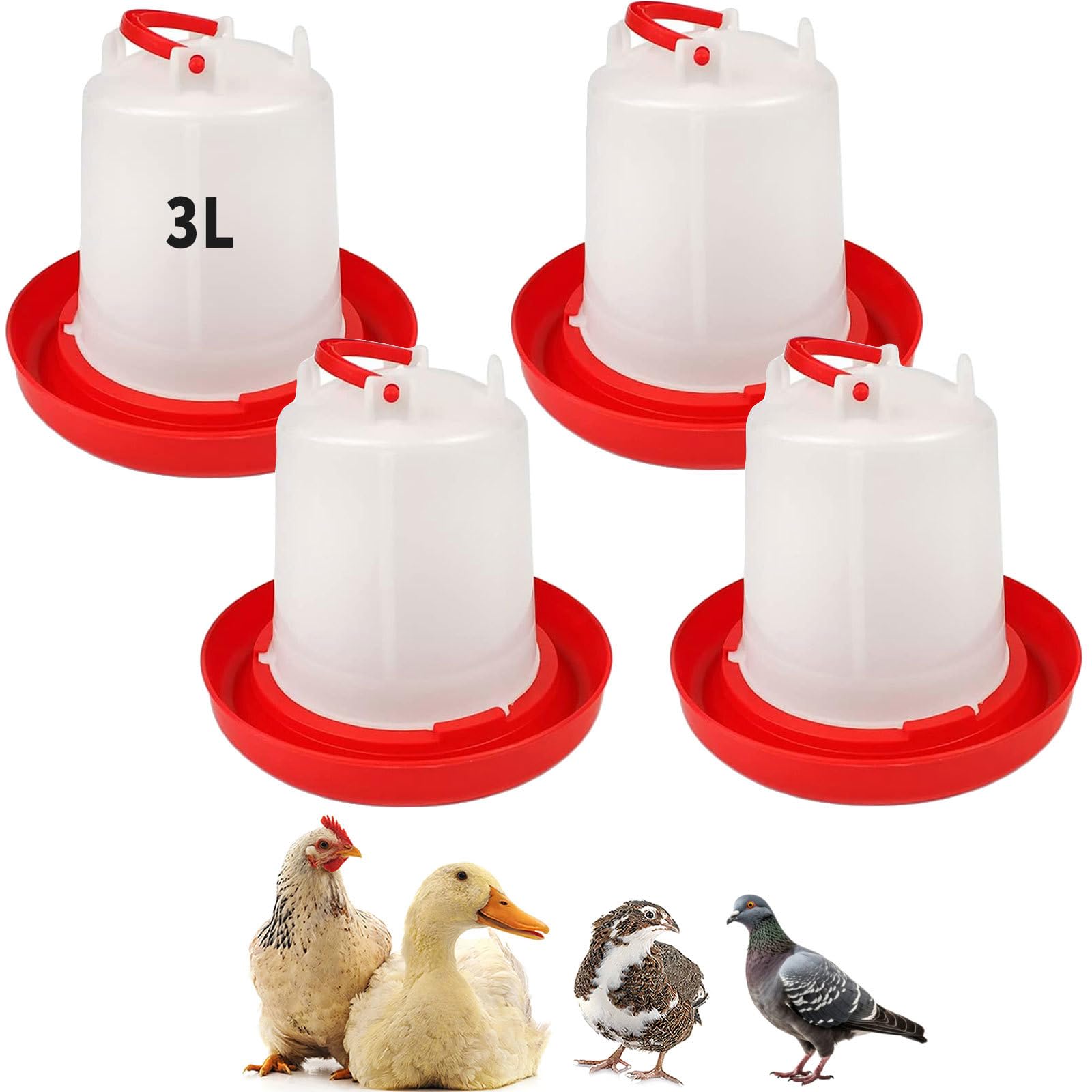 4 Stück 3L Schwerkraftfutter Hühnertränke - Hängende Geflügeltränke Kit | Kein Verschütten Wasserspender für Hühner, Enten, Wachteln, Tauben, Brutstall