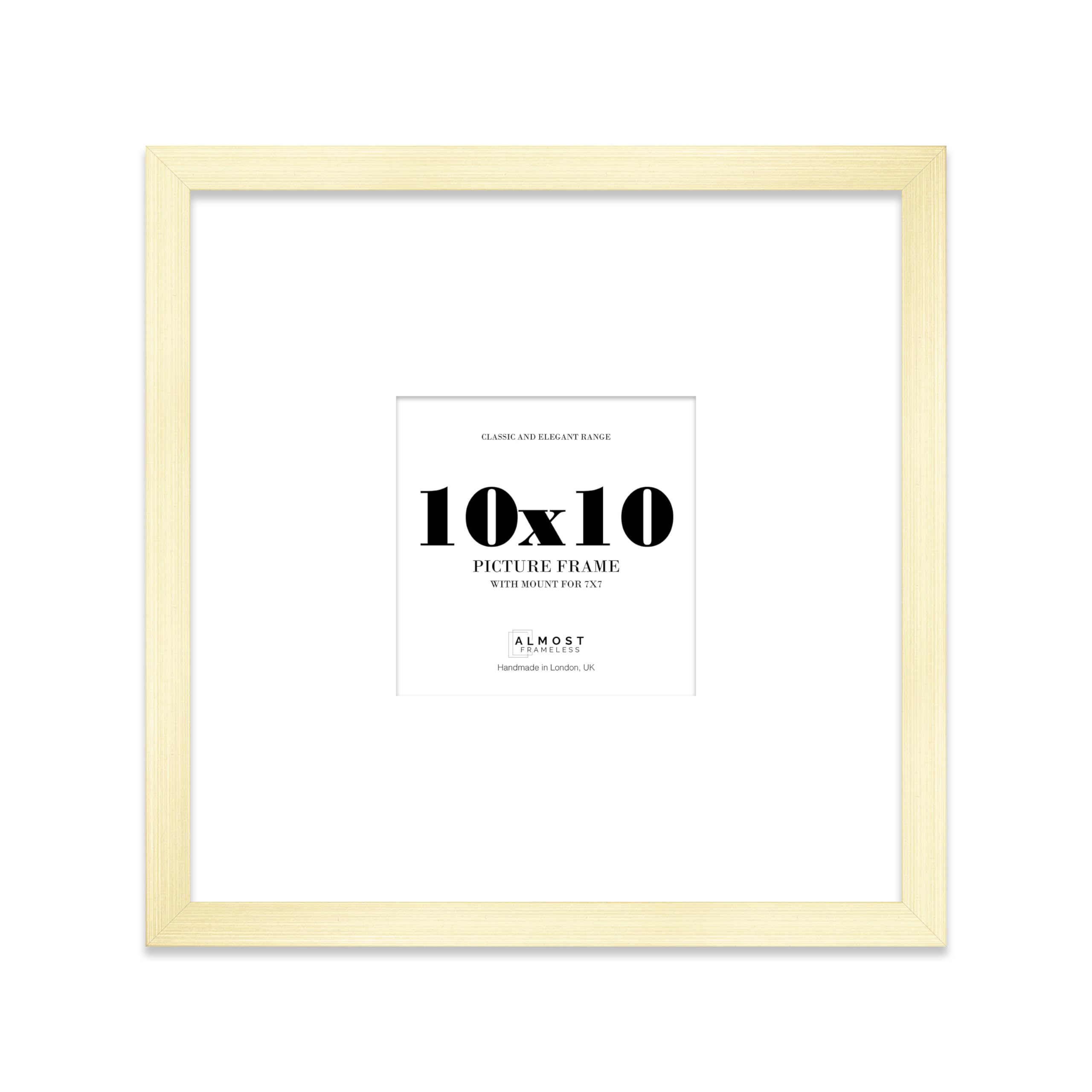 Almost Frameless 10x10 Square Picture Frame, Display Pictures 7x7 With Mat or 10x10 Without Mat, Wall Hanging & Free Standing Photo Frame, Gold, 1 Pack