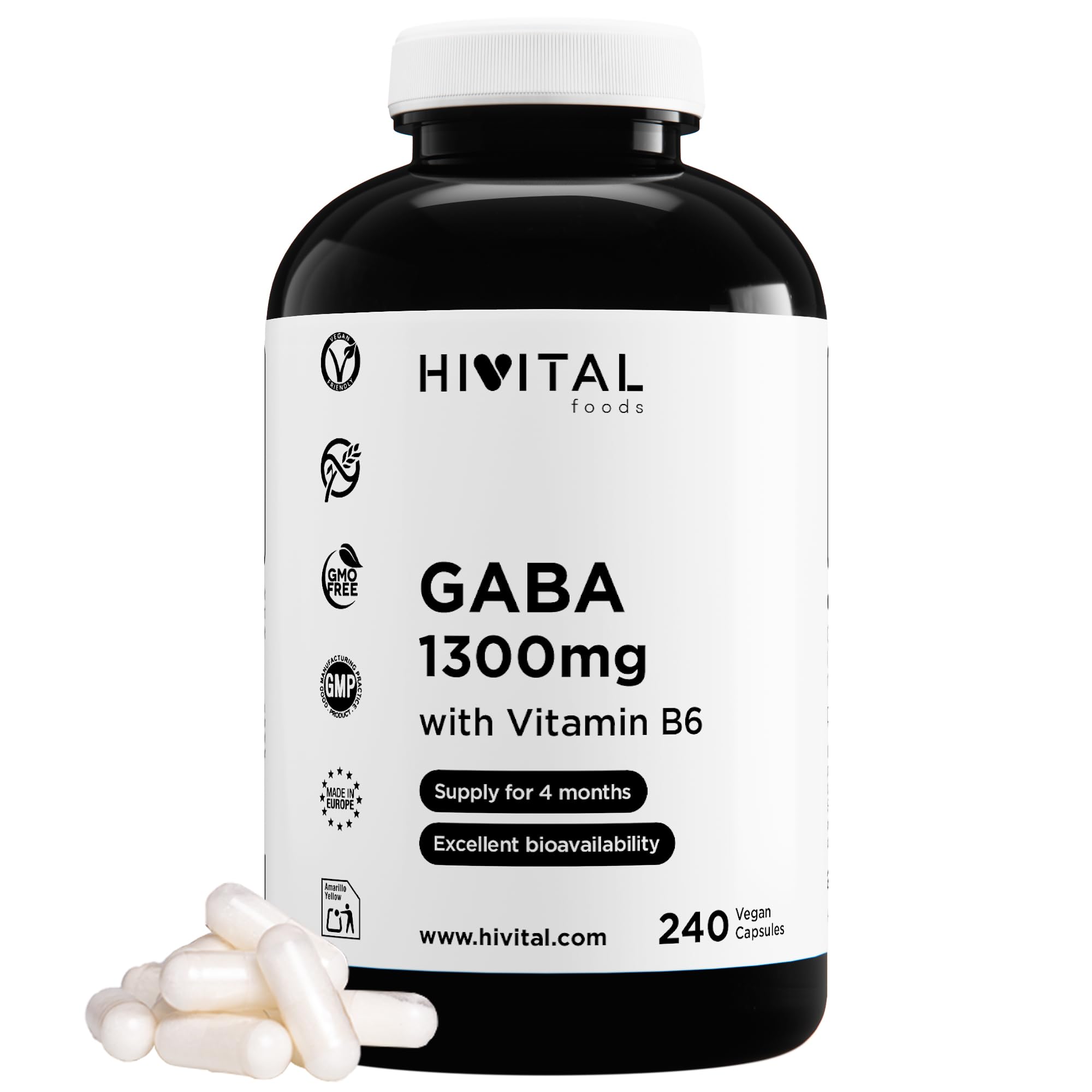 GABA 1300 mg avec Vitamine B6. 240 gélules végétaliennes pour 4 mois de traitement. Acide Gamma Aminobutyrique avec 3,5 milligrammes de Vitamine B6. Fabriqué en Europe par HIVITAL