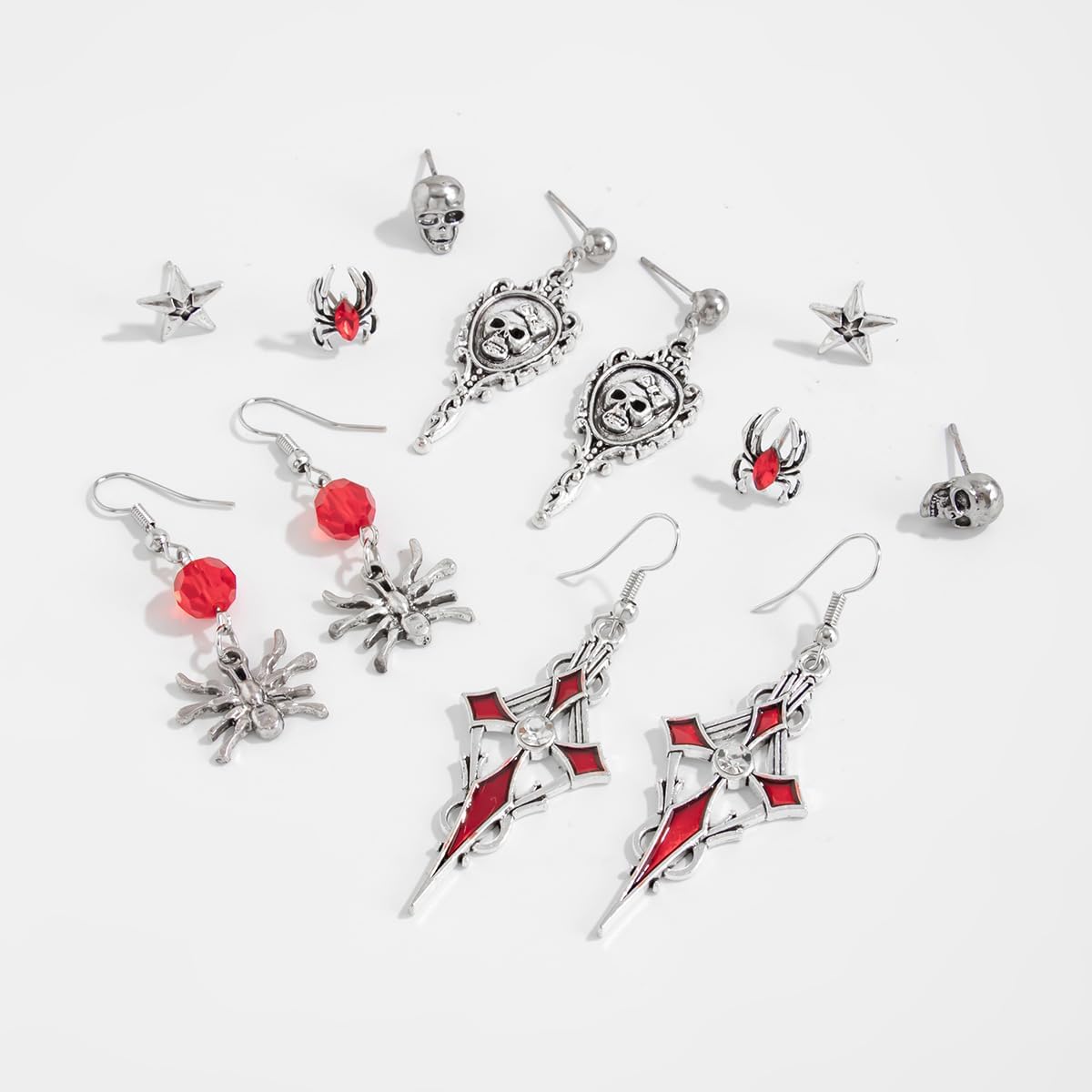 6 Pairs Gothic Earrings Set for Women Vintage Red Crystal Spider Cross Sword Drop Dangle Earrings Punk Style Skeleton Wings Thorn Rose Dagger Earrings Grunge Y2k Emo Earring Halloween Party Jewelry - Image 4